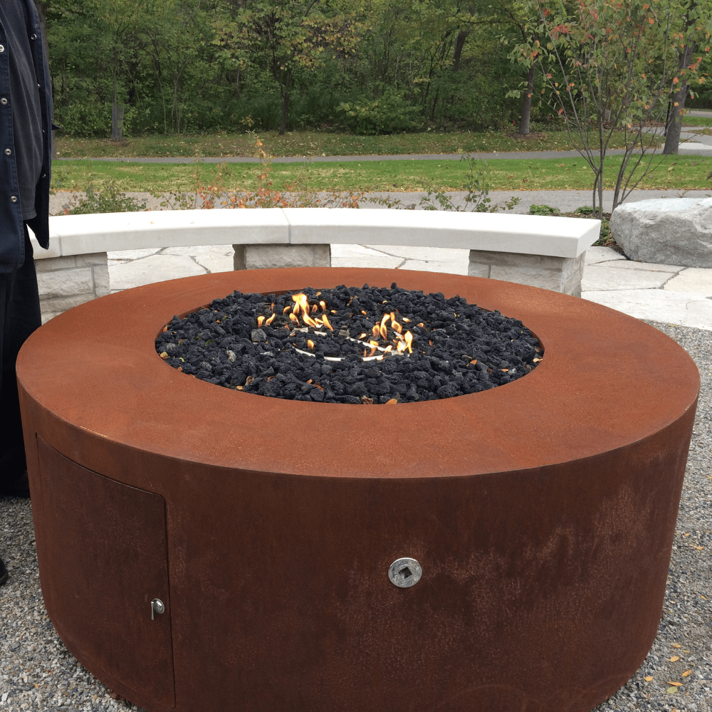 Outdoor Plus Unity Round Corten Steel Gas Fire Pit - Match Lit