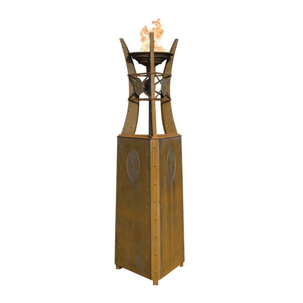 Outdoor Plus Bastille 87-Inch Corten Steel Fire Tower - Match Lit (OPT-FTWR2) - Wooden fire pit tower with flames on a white background