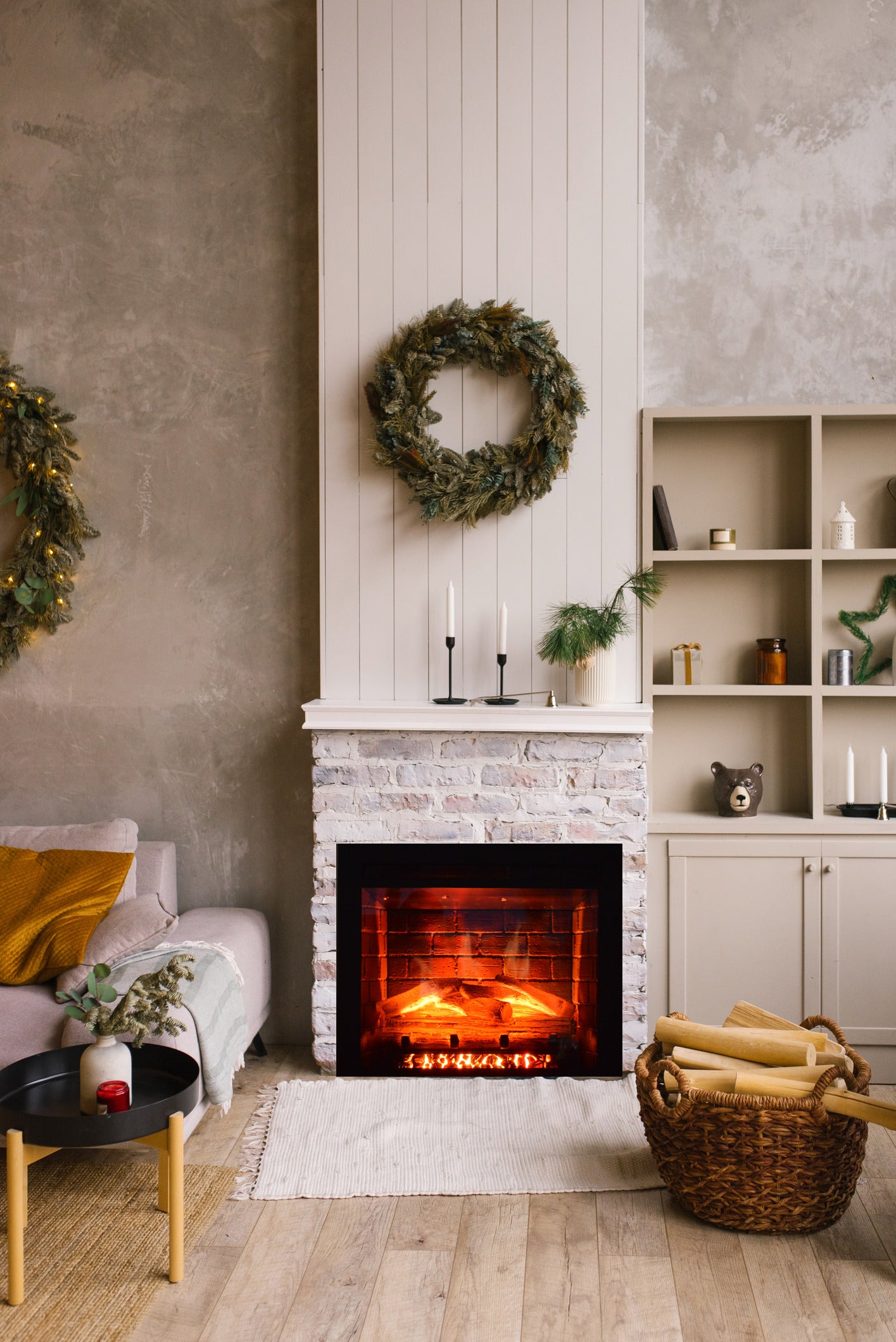 Classic Edition Electric Fireplace by Fire & Ice - Cozy living room with a fireplace, wreath, and decorative items.