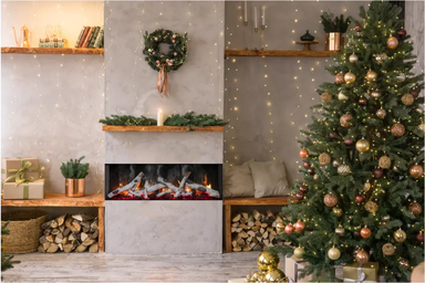 Amantii TRU-VIEW SIGNATURE Electric Fireplace - Decorated Christmas tree with lights and ornaments in a living room with a fireplace.