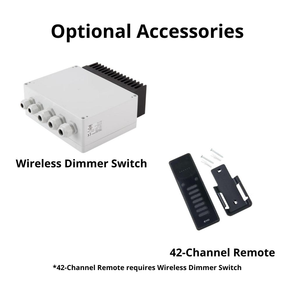 Wireless dimmer switch and 42-channel remote, optional accessories for commercial electric heaters.